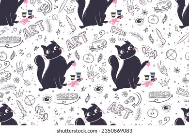 Seamless pattern in doodle style with funny cat for school subject art history. Background for educational stationery and textiles. Back to school