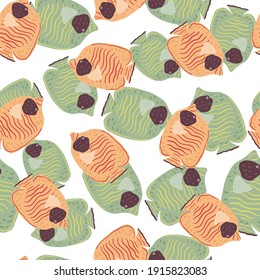 Seamless pattern in doodle style with hand drawn random orange and green butterfly fishes. Isolated print. Decorative backdrop for fabric design, textile print, wrapping, cover. Vector illustration.