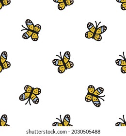 Seamless pattern. Doodle style hand drawn. Nature elements. Vector illustration. Yellow butterflies on a white background.