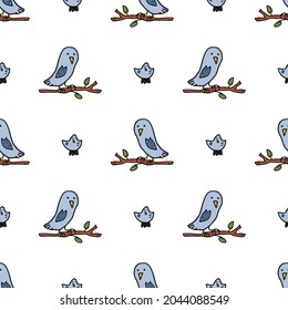 Patrón sin foco. Estilo garabato dibujado a mano. Naturaleza, animales y elementos. Ilustración vectorial. Una lechuza morada con una chica sentada en una rama sobre un fondo blanco.