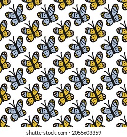 Seamless pattern. Doodle style hand drawn. Nature elements. Vector illustration. Yellow and blue butterflies on a white background.