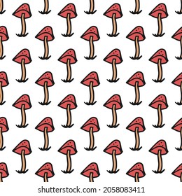 Seamless pattern. Doodle style hand drawn. Nature, animals and elements. Vector illustration. Red fly agarics on a white background.