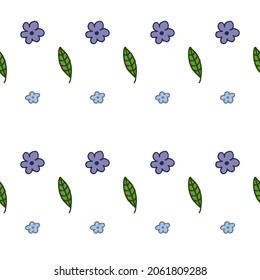 Seamless pattern. Doodle style hand drawn. Nature, animals and elements. Vector illustration. Violet and blue flowers and green leaves on a white background.