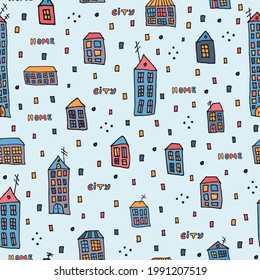 Nahtloses Muster im Doodle-Stil. Handgezeichnetes mehrfarbiges Stadthaus. Vektorgrafik. Schwarze Umrisse, blauer Hintergrund. Cartoon-Stil. Für Textil- oder Verpackungspapier. Stoffdesign.