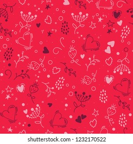 Seamless pattern in the doodle style with heart, flower, dots. Pattern for fashion. The template for the cover fabric, books. Modern design for the fabric. red. abstract background wallpaper