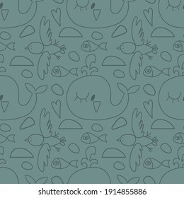 Patrón sin foco en el estilo de doodle con ilustración de una gran ballena linda, pájaro volador, peces