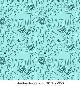 Seamless pattern in doodle style with illustrations of cute animals hare and fox with flowers and leaves