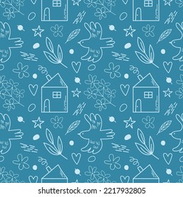 Seamless pattern in doodle style with illustrations of birds, houses, flowers, stars, hearts. vector image