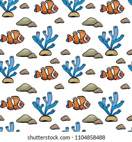 Seamless pattern in doodle style with the image of a cute fish. Colorful vector background.