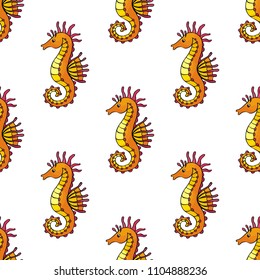 Seamless pattern in doodle style with the image of a cute sea horse. Colorful vector background.