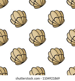 Seamless pattern in doodle style with the image of a sea shell. Colorful vector background.
