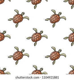 Seamless pattern in doodle style with the image of a sea turtle. Colorful vector background.