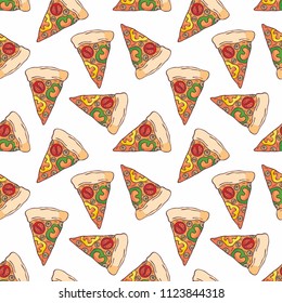Seamless pattern in doodle style with the image of a sliced pizza. Vector background.