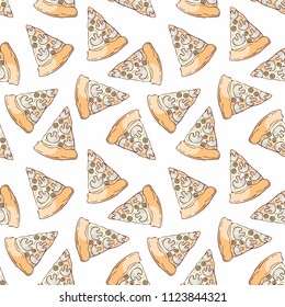 Seamless pattern in doodle style with the image of a sliced pizza. Vector background.