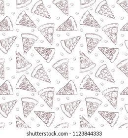 Seamless pattern in doodle style with the image of a sliced pizza. Vector background.