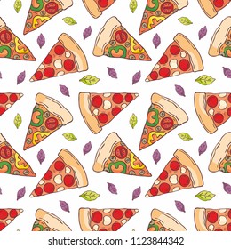 Seamless pattern in doodle style with the image of a sliced pizza. Vector background.