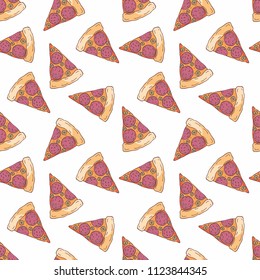 Seamless pattern in doodle style with the image of a sliced pizza. Vector background.
