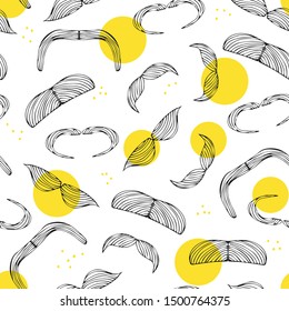 Seamless Pattern With Doodle Style Moustache Sketch In Vector Format. Handlebar Mexican Black Icon Background. Clipart Outline Element For Barbershop. Vector Illustation