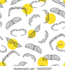 Seamless pattern with doodle style moustache sketch in vector format. Handlebar mexican black icon background. Clipart outline element for barbershop. Vector Illustation