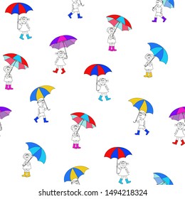 Seamless pattern in doodle style. On a white background, bright umbrellas and black and white contours of cute girls. Vector illustration.