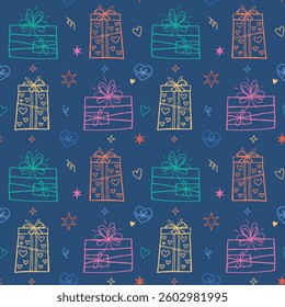 Seamless pattern in doodle style on dark blue background. Hand drawn gift boxes decorated with bows, ribbons and hearts. Colorful vector illustration