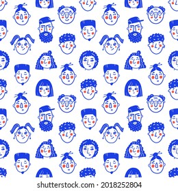 Seamless pattern with doodle style people faces in blue color on white background. Cartoon characters hand drawn vector illustration. 