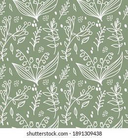 Seamless pattern in doodle style. Plant motifs. Lilies of the valley, flowers and berries. A white outline on a green background.