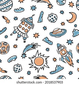 seamless pattern doodle style rockets, planets, comets, Saturn, stars, asteroids, sun, moon, spaceship and clouds casually painted with marker on white background