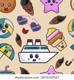 Seamless Pattern Doodle Style. Ship, Coconut, Sunglasses, Ice Cream, Starfish, Umbrella, Snail, Volley Ball. Summer Theme