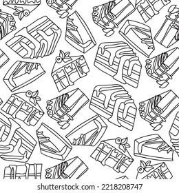 Seamless pattern in doodle style with sweet desserts, piece of cake. Vector illustration.