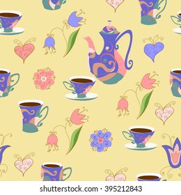 Seamless pattern in Doodle style with  teapot cups, flowers and hearts. The coffee pot, cups with a coffee, flowers and hearts.