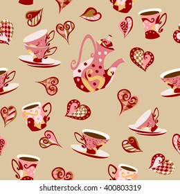 Seamless pattern in Doodle style with  teapot cups and hearts. The coffee pot, cups with a coffee and hearts.