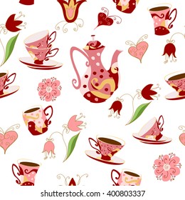 Seamless pattern in Doodle style with  teapot cups, flowers and hearts. The coffee pot, cups with a coffee, flowers and hearts.