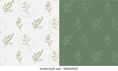 seamless pattern in doodle style of three types of plants. Two options in gray-white and green. Spring and summer. Can be used as a print for textiles, in web design, printing, background.