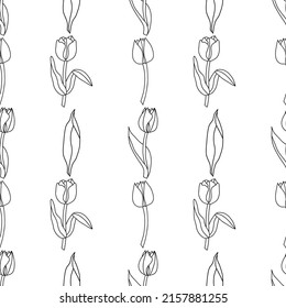 Seamless pattern in doodle style, tulips with spring primroses. Great for fabric, wallpaper, textile, wrapping. Vector illustration.
