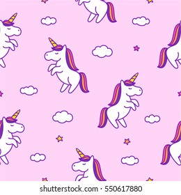 Seamless pattern with doodle style unicorns, clouds and stars. Vector background illustration for baby, girl