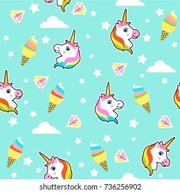 Seamless pattern with doodle style unicorns, clouds,stars, diamond, ice cream on blue sky. Vector background illustration for kids