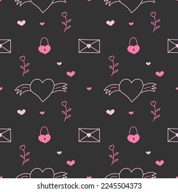 Seamless pattern in doodle style. Valentine's Day. Love, hearts. Element for printing on paper and fabric, thematic background.