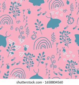 Seamless pattern in doodle style vector design. Graphic Illustration with bug's, flowers, leaves, rainbow on pink background. Trendy fashion elements