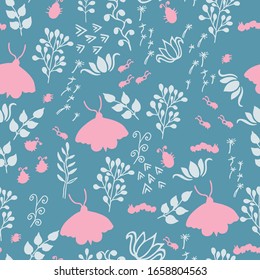 Seamless pattern in doodle style vector design. Graphic Illustration with bug's, flowers, leaves, rainbow on blue background. Trendy fashion elements