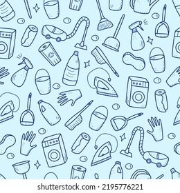 Seamless Pattern Doodle style vector cleaning elements. A set of drawings of cleaning products and items. Room washing kit