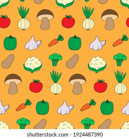 Seamless pattern with doodle style vegetables. Print for wallpaper, wrapping paper, textile background. Hand drawn illustration, good nutrition style. Vegetarian healthy, natural and organic food. 