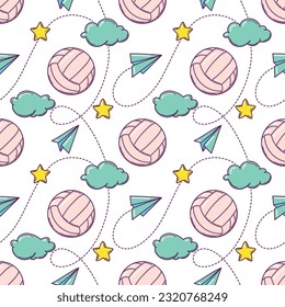 Patrón sin fisuras con bolas de voleibol estilo doodle sobre fondo blanco
