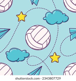 Seamless pattern with doodle style volleyballs on blue background