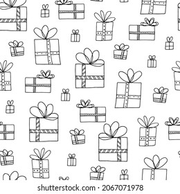 Seamless pattern in doodle style. Winter endless illustration is hand-drawn. Happy New Year 2022 and Merry Christmas. Gifts with bows and ribbons.