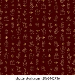 Seamless pattern in doodle style. Winter endless illustration is hand-drawn. Happy New Year 2022 and Merry Christmas. Golden snowflakes and snowmen in hats, scarves and mittens on dark red background