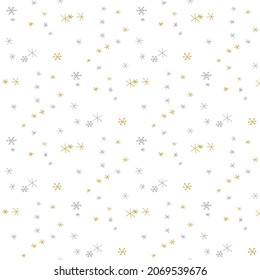 Patrón sin foco en estilo doodle. Ilustración interminable de invierno dibujada a mano. Feliz Año Nuevo 2022 y Feliz Navidad. Copos de nieve dorados y plateados en un fondo blanco.