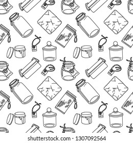 Seamless pattern in doodle style with zero-waste and plastic-free items for kitchen. Sustainable household and green house. Stationery and fabric print pattern.