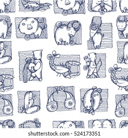 Seamless pattern  of doodle style zodiac signs. Funny Horoscope. Vector hand drawing illustration of sketch style. 