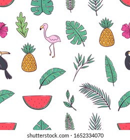 Seamless pattern of doodle summer icons with pineapple, flamingo, palm and watermelon
